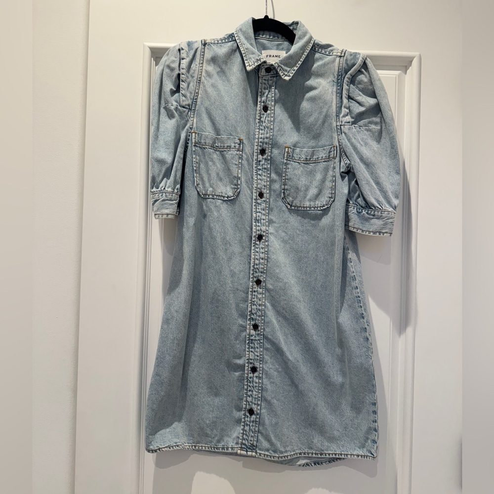 Frame Rosette Puff Sleeve Denim Shirt Dress Small - Picture 3 of 6